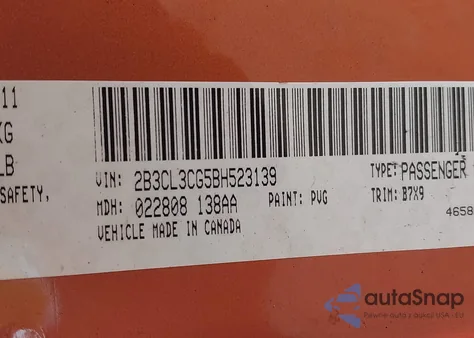 2011 Dodge Charger из США, поврежденный, VIN 2B3CL3CG5BH523139